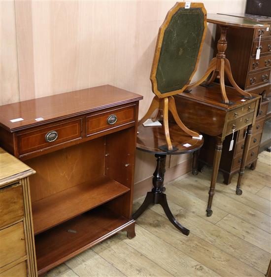 A reproduction mahogany open bookcase, a pair of tilt top wine tables and a tripod table
